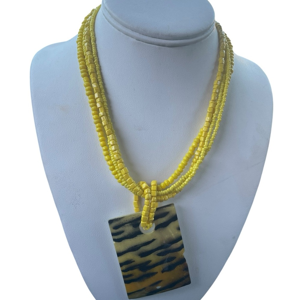 Mar y Sol Yellow Beaded Multi-Strand Necklace Tiger Print Shell  Pendant 16”
